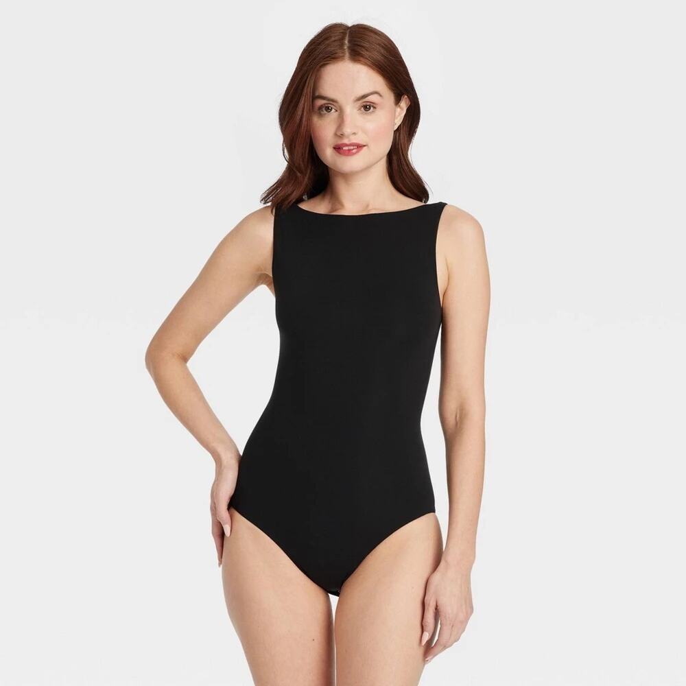Auden Women's Luxe Stretch Boatneck Bikini Bodysuit Black Size S NWT